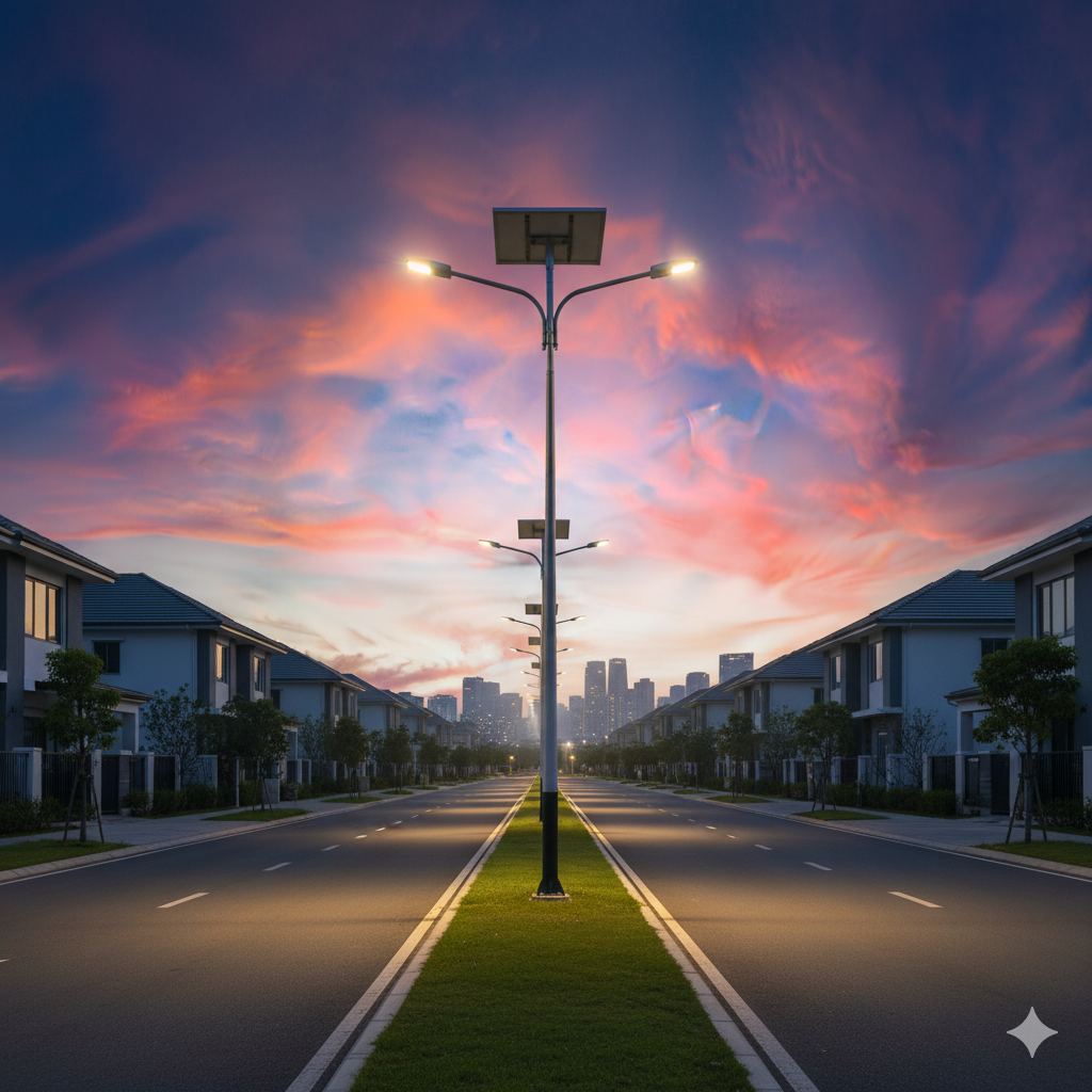 Solar Street Light illuminating a road